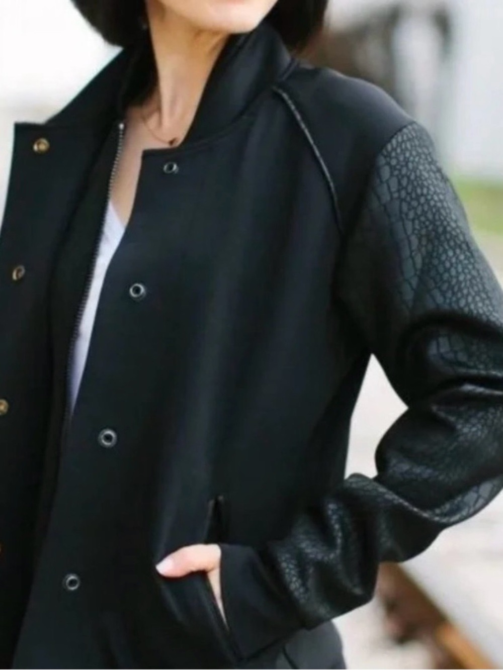 Alala Black mix media full zip snap button textured sleeve bomber Jacket, size S
